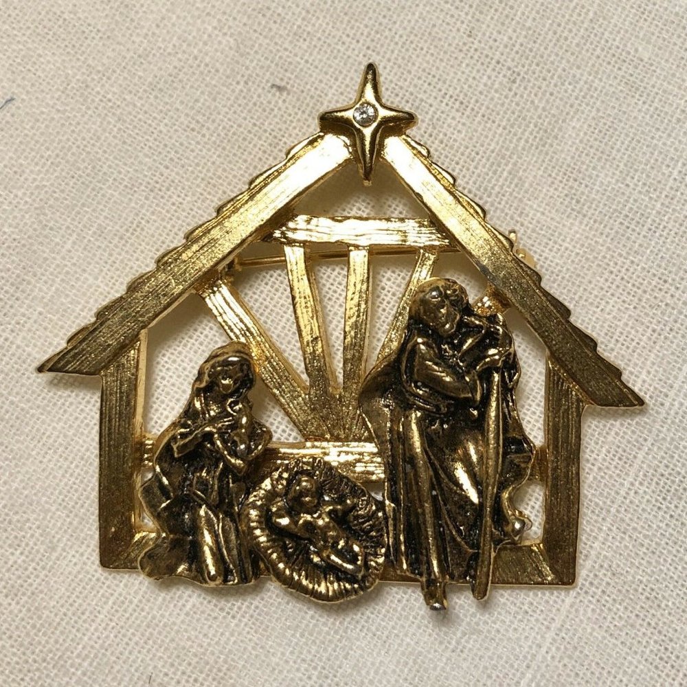 Nativity Scene Christmas Brooch Gold Tone Rhinesto